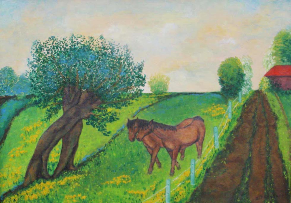 Trekpaarden in boomgaard